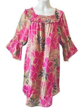 Mlle Gabrielle Floral Resort Dress Oversized Pink Green L XL